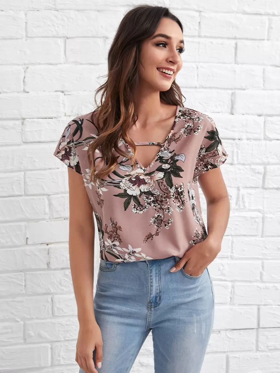 SHEIN LUNE Keyhole Neck Botanical Print Top - Dusty Pink - View 1