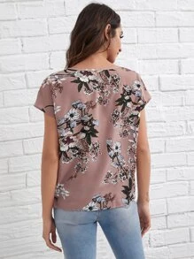 SHEIN LUNE Keyhole Neck Botanical Print Top - Dusty Pink - View 2