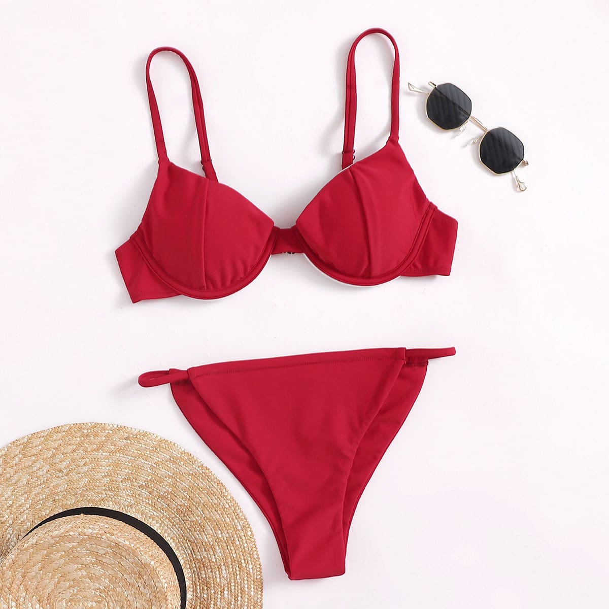 

Solid Underwire Bikini Swimsuit, Red