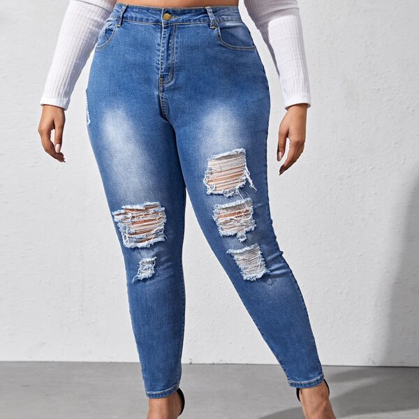 

Plus Curvy High Waist Ripped Skinny Jeans, Medium wash