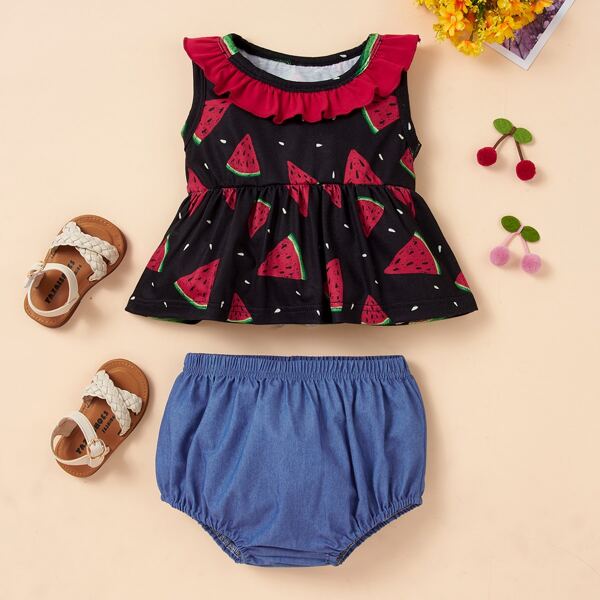 

Baby Girl Watermelon Print Ruffle Tank Top With Shorts, Multicolor