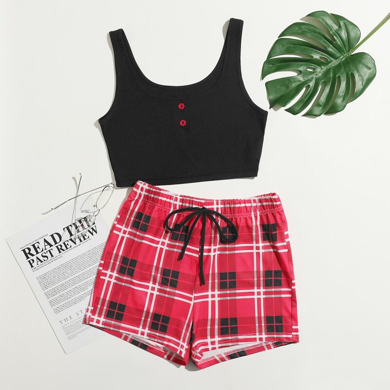 

Button Front Tank Top With Plaid Shorts Lounge Set, Multicolor