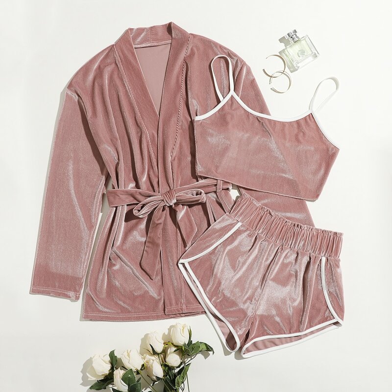 

3 Pack Velvet Self Tie Lounge Set, Dusty pink