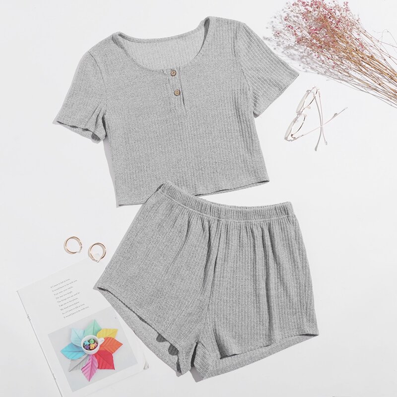 

Button Front Rib-Knit Lounge Set, Light grey