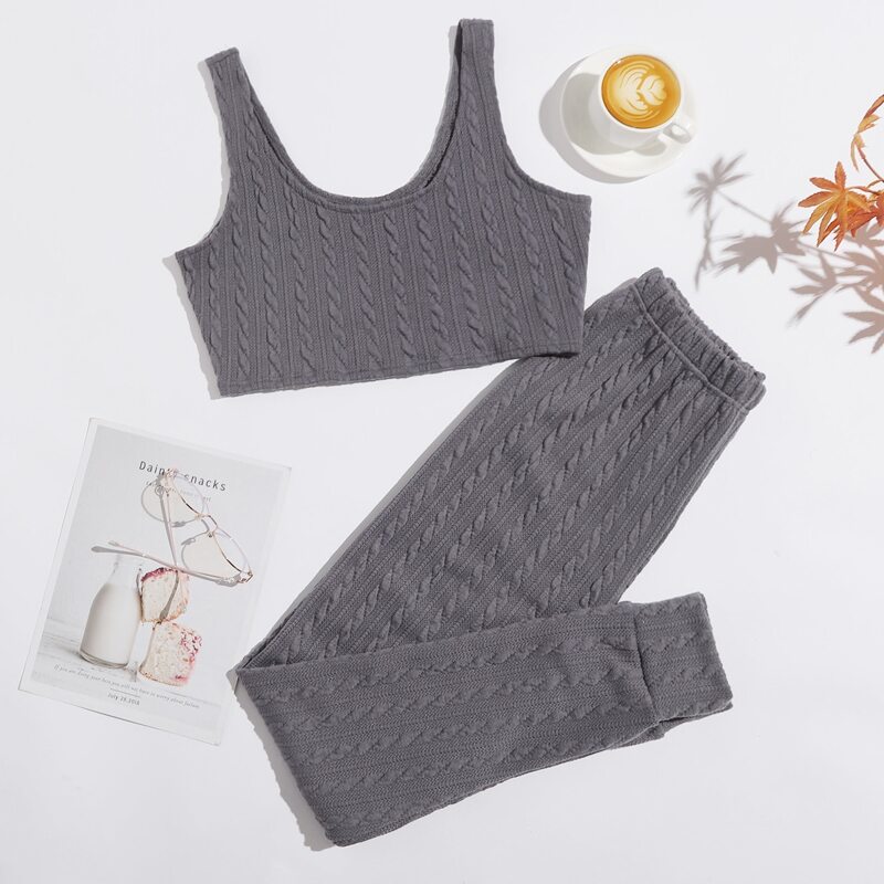 

Cable Knit Tank Top With Pants Lounge Set, Dark grey