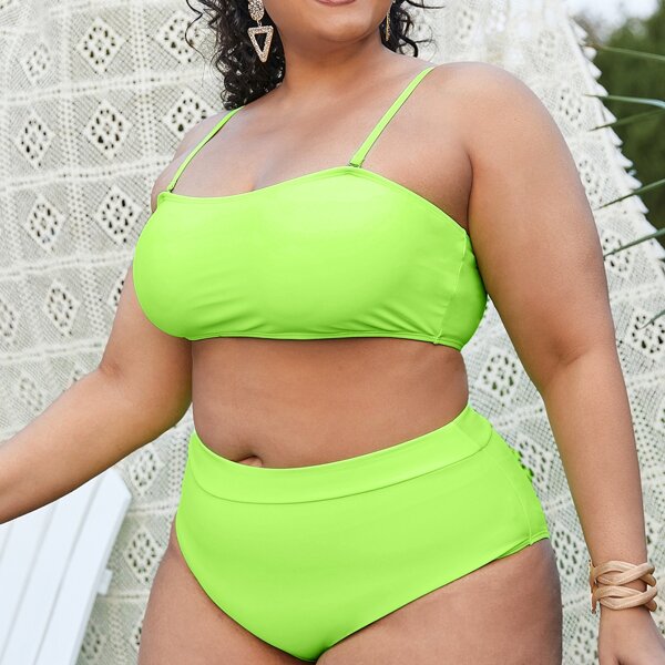 

3pack Plus Neon Lime Bikini Swimsuit & Mesh Top, Neon lime green