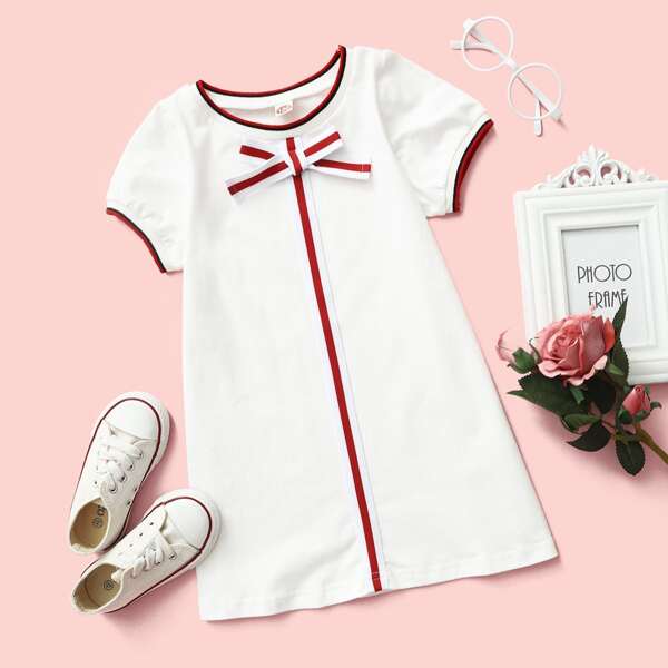 

Toddler Girls Striped Bow Front Tee Dress, White