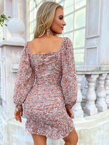 Eilly Bazar Ditsy Floral Print Lantern Sleeve Ruched Bodycon Dress - Multicolor - View 2