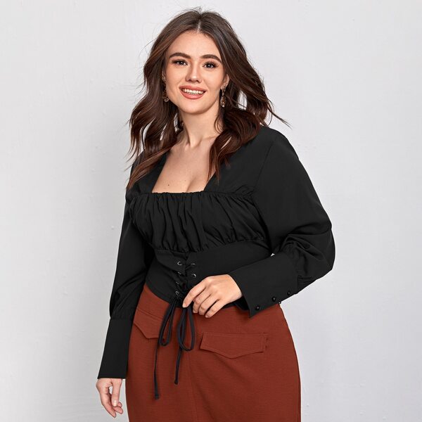 

Plus Lace Up Ruched Bust Blouse, Black