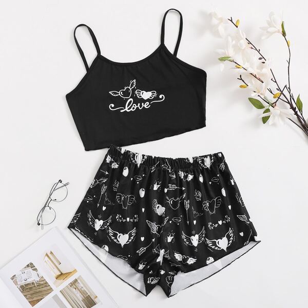 

Letter & Heart Print Cami Pajama Set, Black