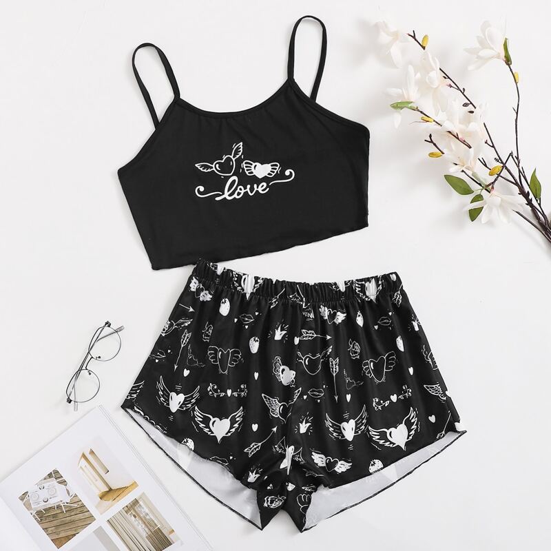 

Letter & Heart Print Cami Pajama Set, Black