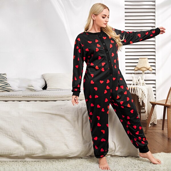 

Plus Heart Print Sleep Jumpsuit, Black