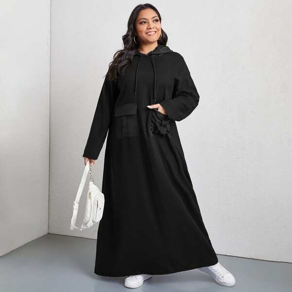 

Plus Flap Pocket Drawstring Hooded Sweatshirt Dress, Black