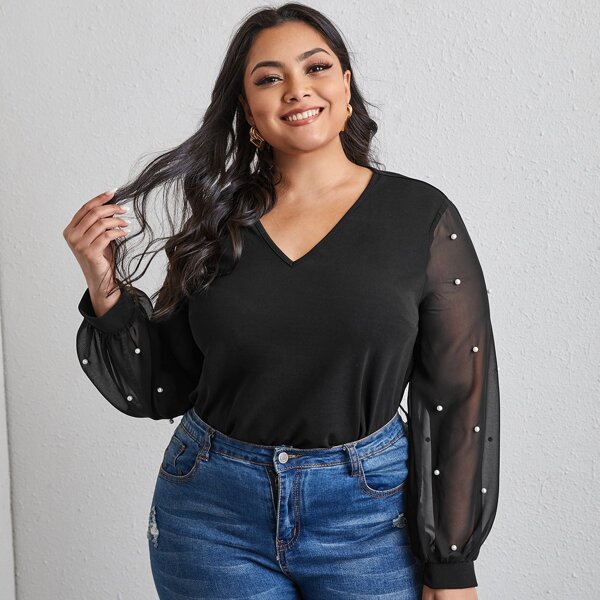 

Plus Contrast Mesh Pearls Top, Black