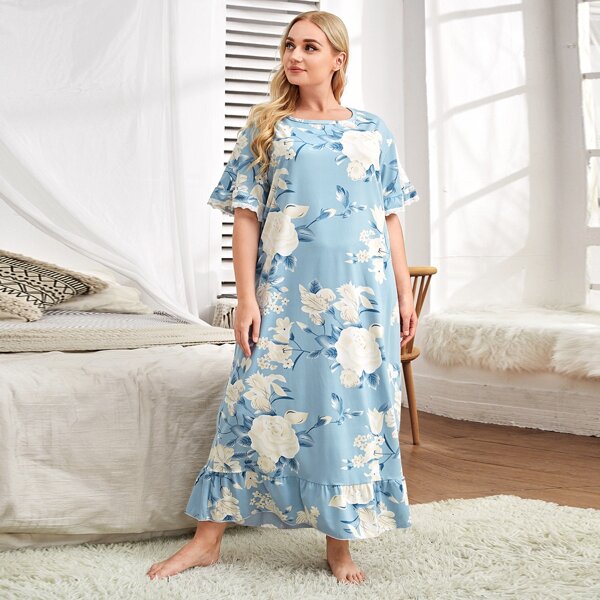 

Plus Floral Print Ruffle Hem Night Dress, Baby blue