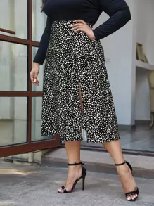 SHEIN Frenchy Plus Allover Print High Waist Slit Skirt - Black and White - View 3