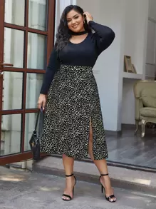 SHEIN Frenchy Plus Allover Print High Waist Slit Skirt - Black and White - View 5