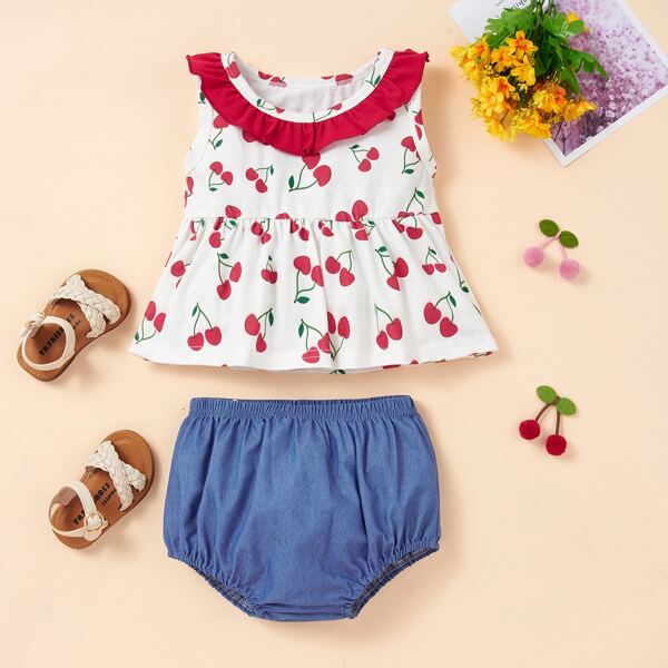 

Baby Girl Cherry Print Ruffle Tank Top With Shorts, Multicolor