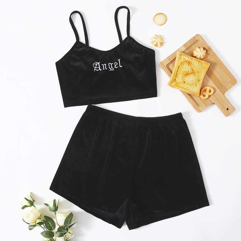 

Velvet Letter Embroidery PJ Set, Black