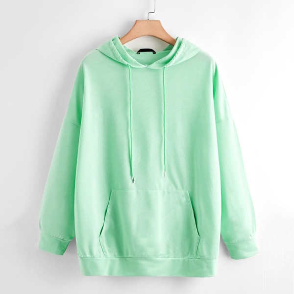 

Plus Drop Shoulder Kangaroo Pocket Drawstring Hoodie, Mint green