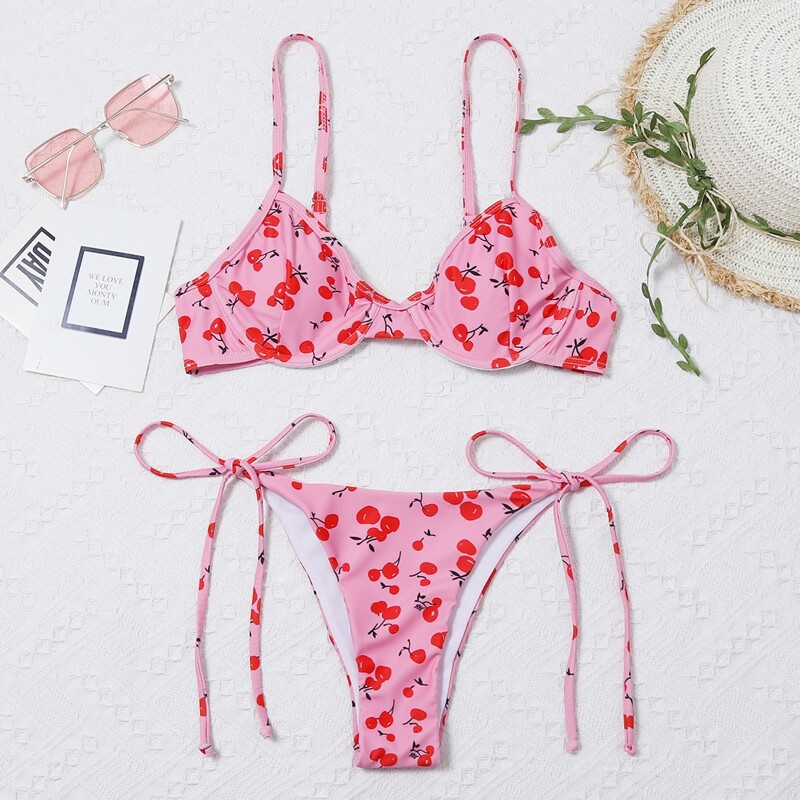 

Cherry Print Tie Side Underwire Bikini Swimsuit, Pink