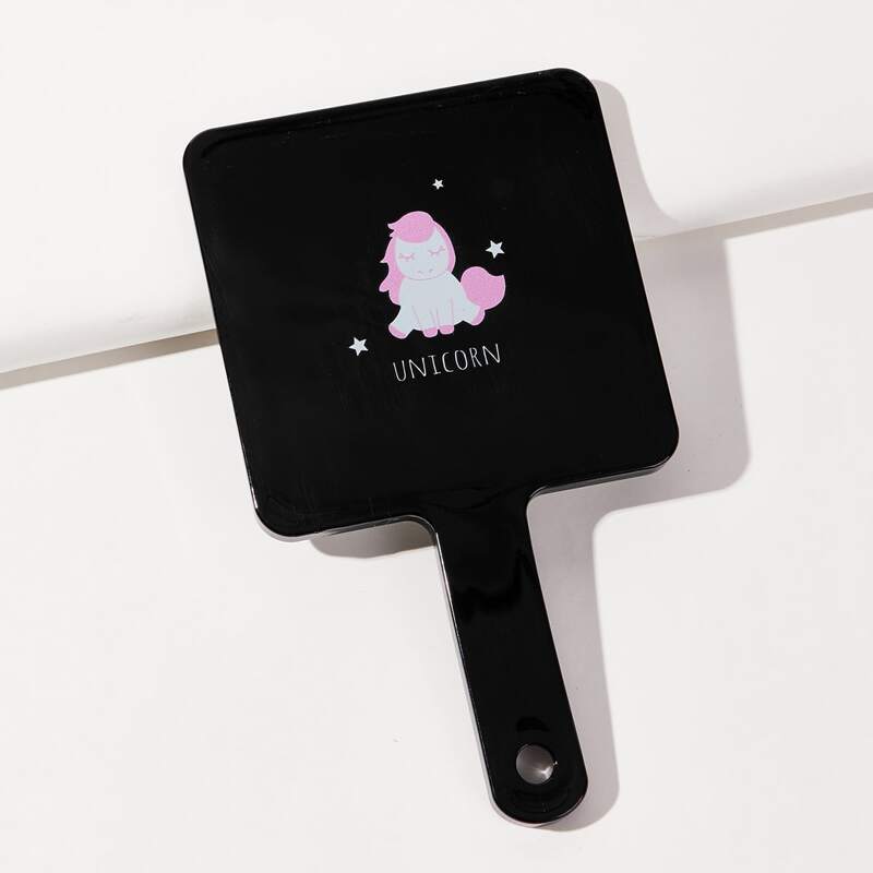 

1pc Unicorn Print Hand-held Makeup Mirror, Black