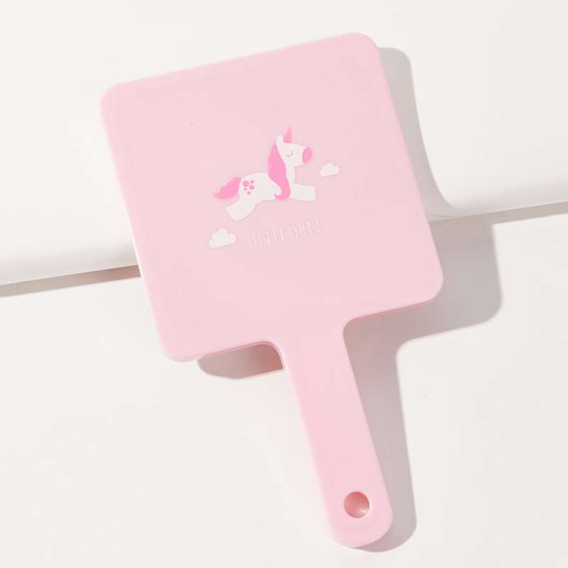 

1pc Unicorn Print Hand-held Makeup Mirror, Baby pink pastel