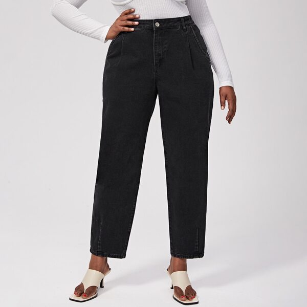 

Plus High Waist Fold Pleat Mom Jeans, Black