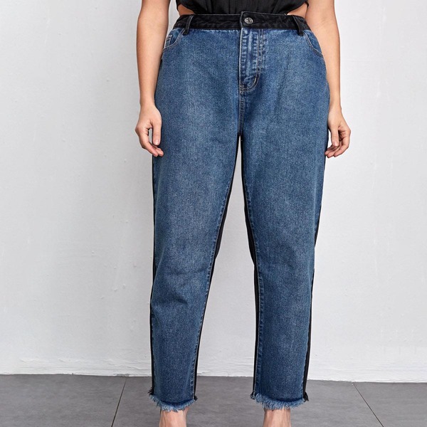 

Plus High Waist Two Tone Raw Hem Mom Jeans, Multicolor