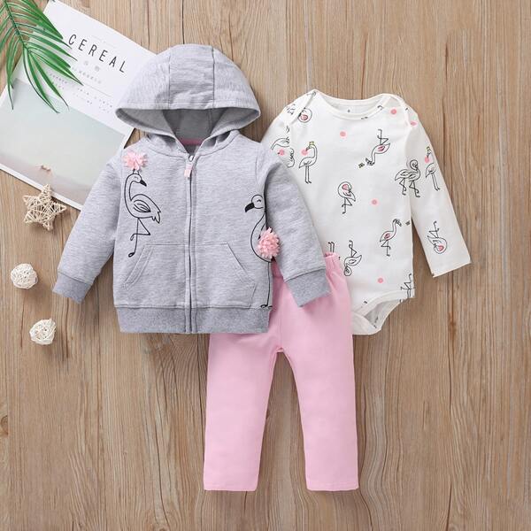 

Baby Girl 3pcs Appliques Flamingo Print Bodysuit & Pants & Hoodie, Multicolor