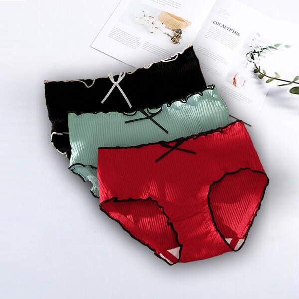 

Girls 3pcs Contrast Binding Bow Front Brief Set, Multicolor