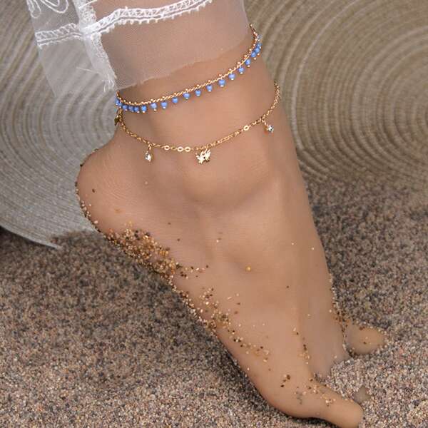 

2pcs Rhinestone Butterfly Charm Anklet, Blue