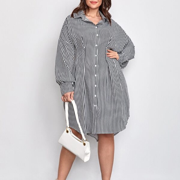 

Plus Striped Button Through Shirt Dress, Black and white