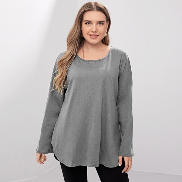 

Plus Button Back Curved Hem Tee, Grey