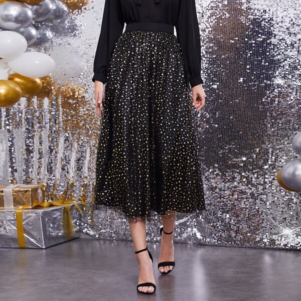 

All Over Star Print Mesh Overlay Skirt, Black