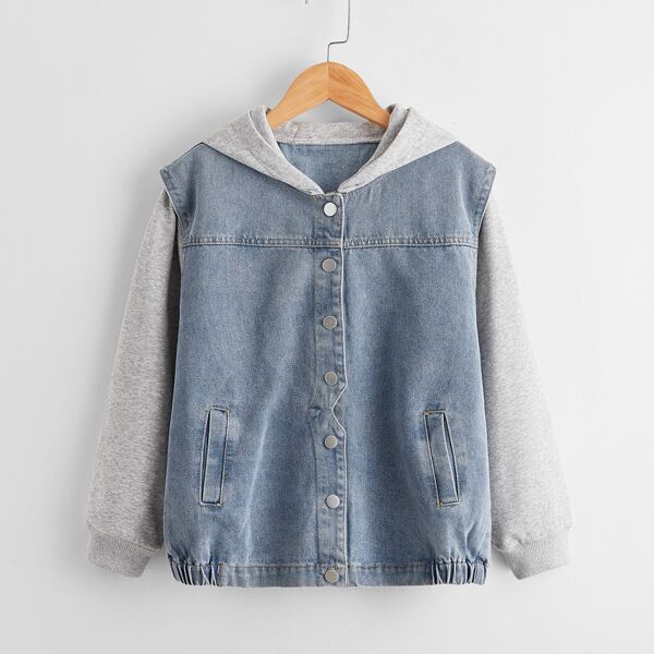 

Girls Contrast Sleeve Hooded Denim Jacket, Medium wash