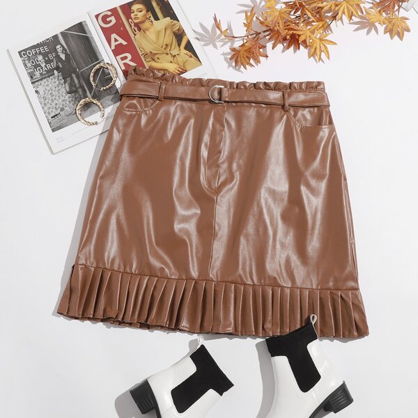 

Plus Paperbag Waist D-ring Belted Pleated Hem PU Skirt, Brown