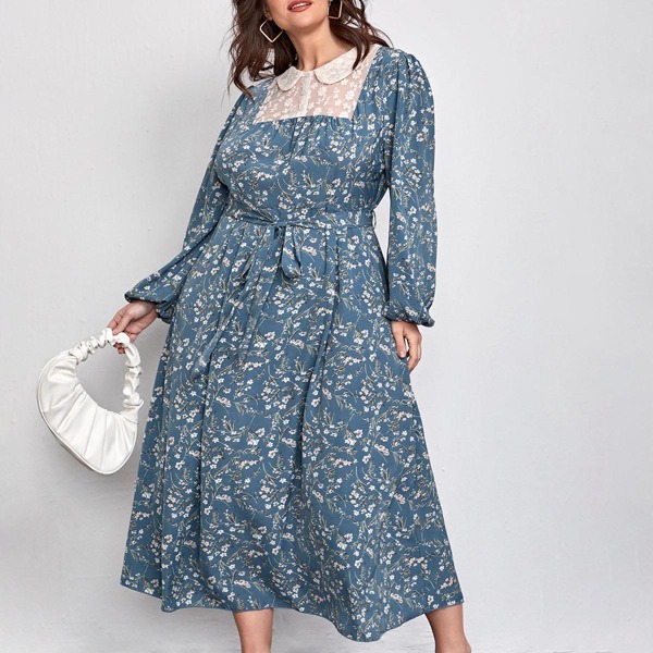 

Plus Contrast Lace Doll Collar Ditsy Floral Dress, Blue