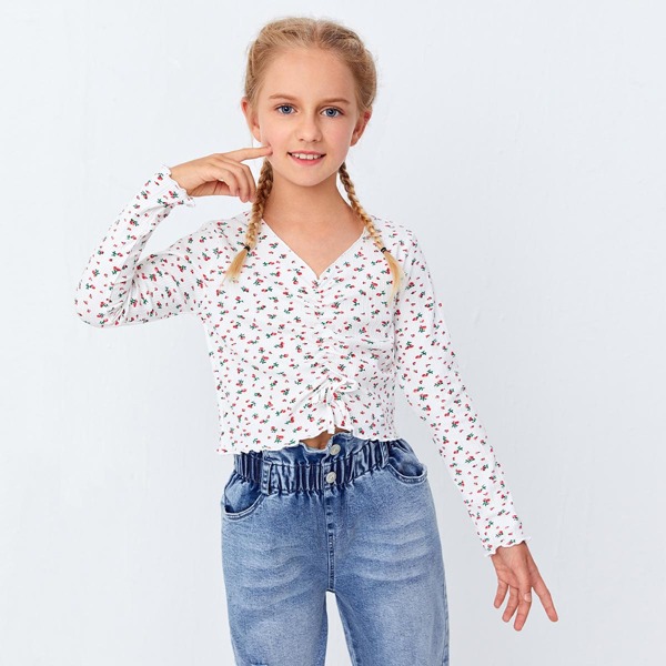 

Girls Ditsy Floral Ruched Tie Front Tee, White
