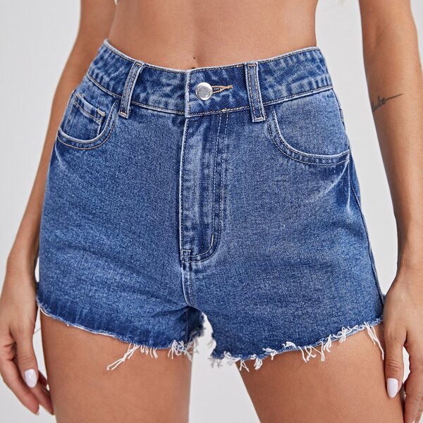 

Zipper Fly Raw Hem Denim Short, Medium wash