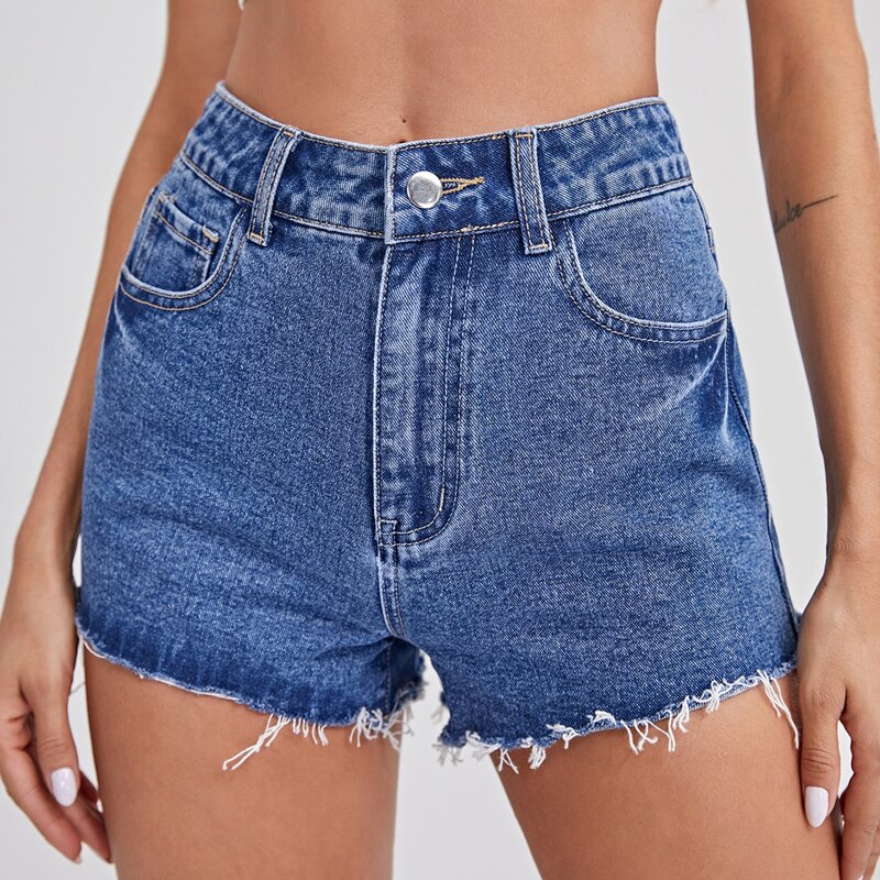 

Zipper Fly Raw Hem Denim Short, Medium wash