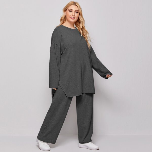 

Plus Solid Slit Hem Longline Tee & Pants, Dark grey