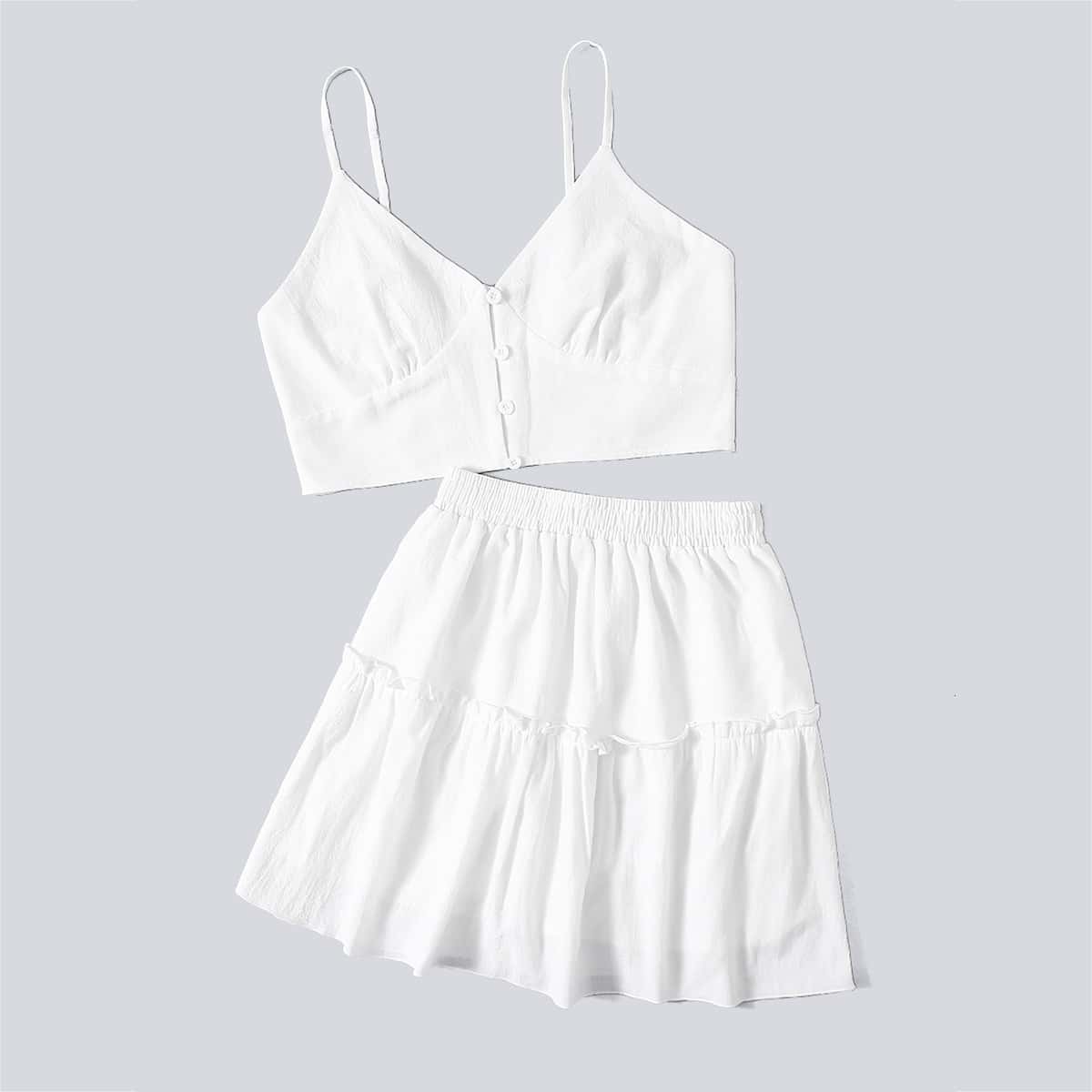 

Solid Button Front Crop Cami & Layered Skirt, White