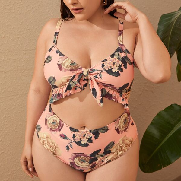 

Plus Floral Cut-out Knot Front One Piece Swimsuit, Multicolor