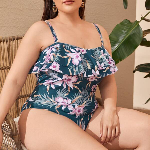 

Plus Floral & Leaf Print Ruffle One Piece Swimsuit, Multicolor