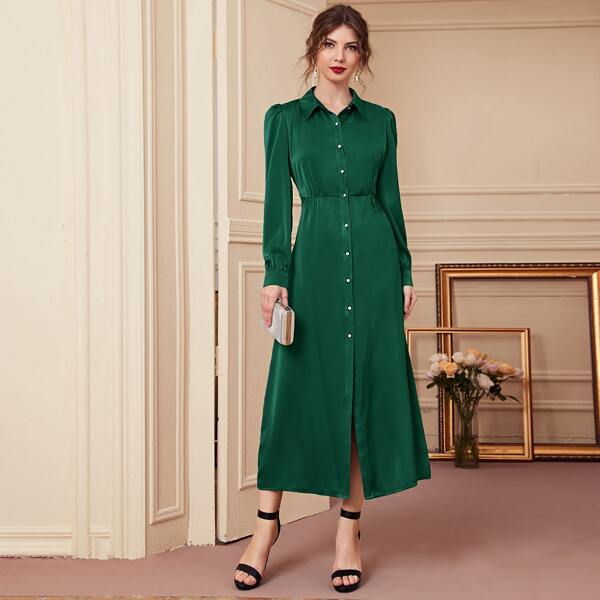 

Satin Puff Sleeve Button Front Shirt Dress, Dark green