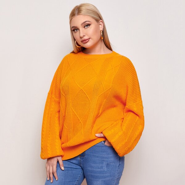 

Plus Drop Shoulder Textured Knit Sweater, Mustard yellow