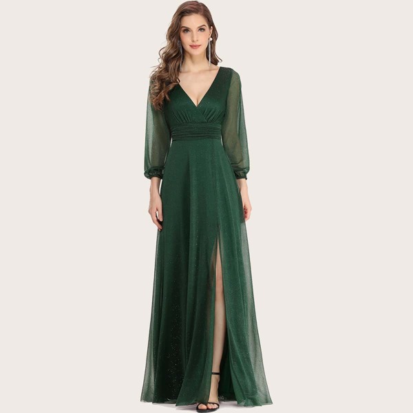 

Plunging Neck Split Thigh Glitter Prom Dress, Dark green