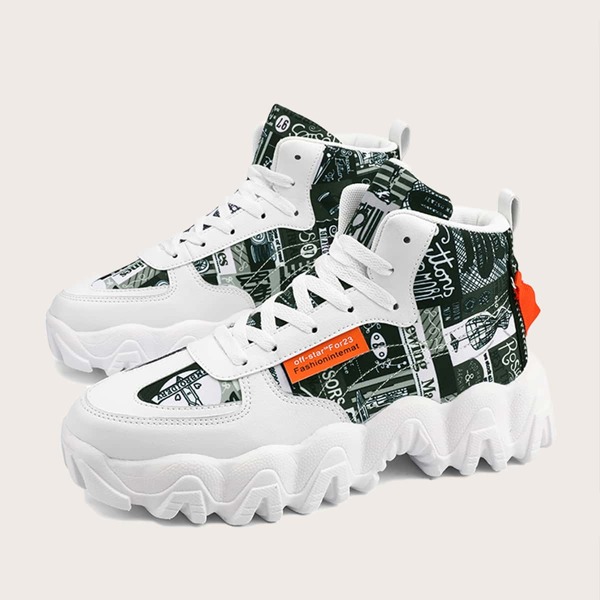 

Men Lace Up Front High Top Sneakers, Black and white