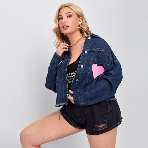 

Plus Button Front Raw Hem Heart Patched Denim Jacket, Navy blue